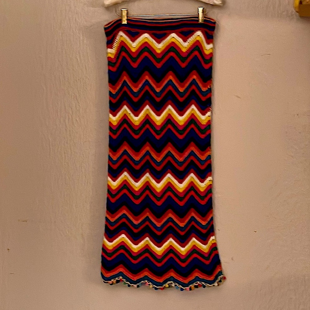 Farm Rio Chevron Rainbow Crochet Pom Pom Skirt size Large